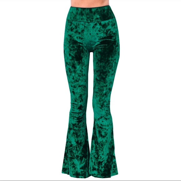 Green crushed velvet bell bottom pants - Picture 1 of 7